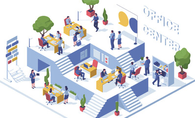 Isometric modern office center illustration, business teamwork workspace, corporate employees working, startup company interior