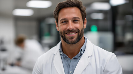Fototapeta premium Scientific professional portrait, laboratory worker visualization, research specialist imagery, medical professional representation, clinical workspace setting, with copy space