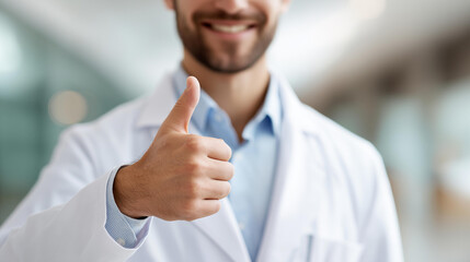 Faceless thumbs up scientist in lab coat giving thumbs up indicating successful experiment results, positive research outcome, scientific achievement, defocused person, with copy s
