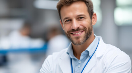 Faceless confident lab technician young smiling male scientist in lab coat stands confidently in laboratory setting, positive expression highlighting passion for scientific explora