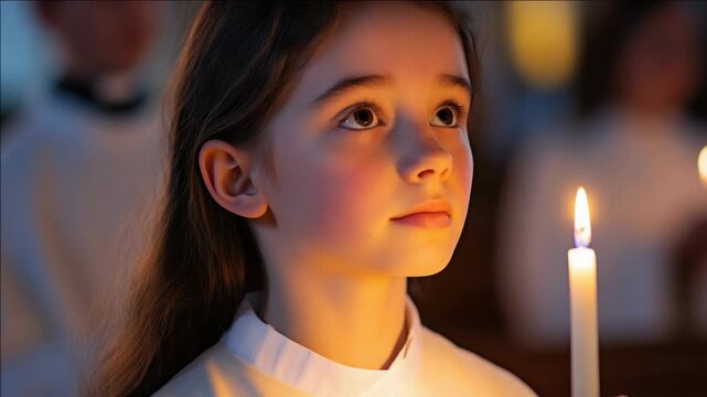 A young girl in a white vestment at the front of an altar with lit candles, observing the solemn atmosphere of a religious service.