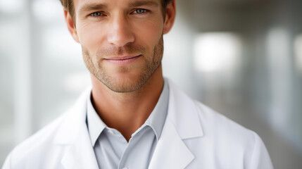 Faceless man in lab coat posing for picture digital image, scientific professional, laboratory worker, research specialist, defocused person, with copy space
