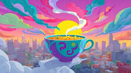 Fototapeta premium Gigantic bubble tea cup floating above a vibrant cityscape at sunset, with colorful clouds and warm hues creating a whimsical and dreamy atmosphere