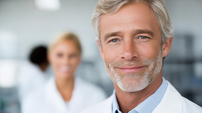 Faceless scientist with lab technician in background, research professionals, laboratory team, scientific collaboration, defocused people in lab setting, with copy space - Powered by Adobe