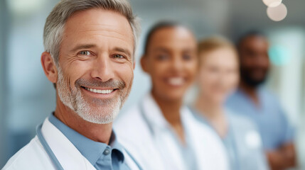 Fototapeta premium Faceless cheerful mature doctor and team in hospital, medical staff group, healthcare professionals, clinical team setting, defocused faces, with copy space