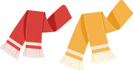 Knitted winter scarves illustration, red and yellow wool accessories, cozy fashion clothing, cold season apparel, flat vector design, isolated, background