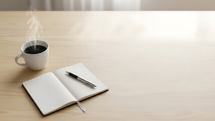 Steaming cup of coffee with notebook and pen on wooden desk in morning light with productivity and workspace and office and still life and hot