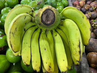 Close up shot of fresh green bananas hanging for sale at a traditional market. Selective focus.