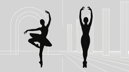 Two ballet dancers in silhouette performing graceful poses. © Tina