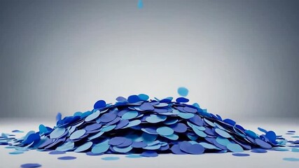 Dynamic blue confetti falling and accumulating on a white surface, creating a festive atmosphere.