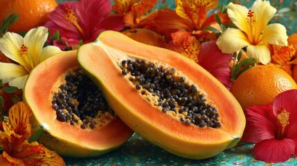 Sliced papaya with seeds, surrounded by vibrant flowers and citrus fruit