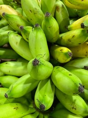 Close up shot of fresh green bananas hanging for sale at a traditional market. Selective focus.