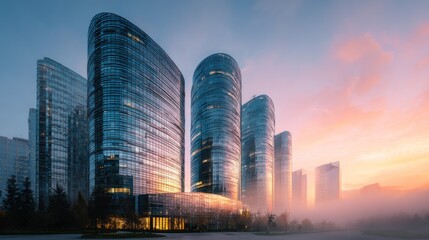 Modern city skyline with contemporary architecture against a colorful sunset sky