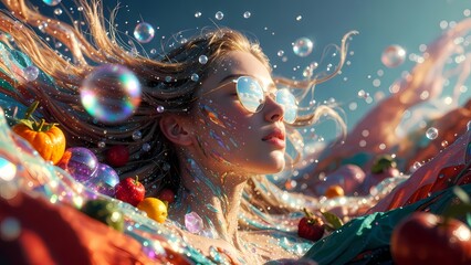 Holographic Girl Flowing Hair Soap Bubbles Vibrant Produce

