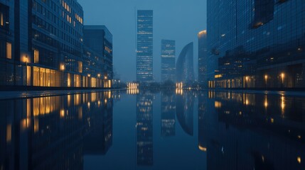 Modern cityscape reflected in water with illuminated buildings at dusk