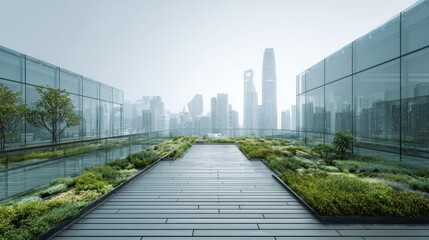 Modern city rooftop garden with greenery and glass facade on a cloudy day