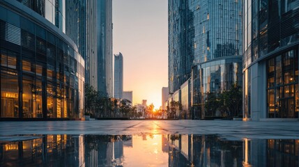 Modern city architecture with reflections and a sunset in the background