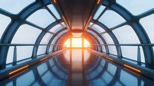 Futuristic glass corridor with reflective floor