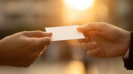 Hands exchanging business card close up against blurred background and sunlight