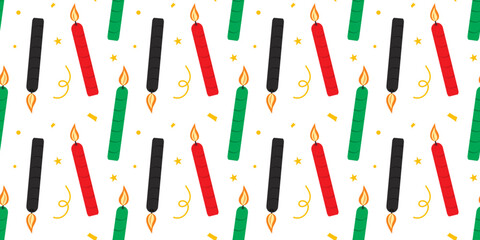 Red Green and Black Burning Candles and Tinsel Minimalist Flat Design Seamless Pattern Banner Format. Isolated Vector illustration Holidays Greeting Themed Card Backdrop Holidays Party invite, banners