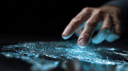 Human hand touching illuminated surface creating digital connection and technology
