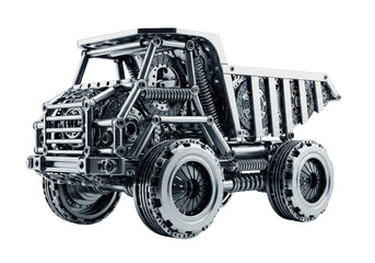 hyper-photorealistic sculptural dump truck assembled from polished metallic clutch discs and springs, isolated on a transparent background with bokeh and sharp shadows. concept of mechanical quality