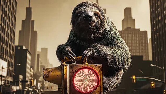 A surreal image of a giant sloth clinging to a red traffic light in a bustling city, a metaphor for slowing down in a fast-paced world and the clash between nature and urban life