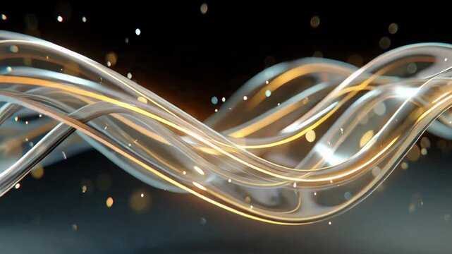 Dynamic golden and silver waves with bokeh lights on dark background