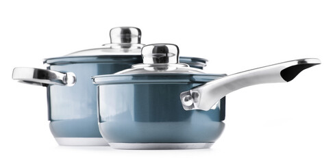 Steel pots isolated on white background