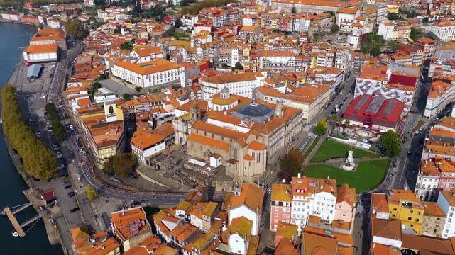 Historic Center Of Porto, Portugal With Palacio da Bolsa And Jardim do Infante Dom Henrique In View. aerial orbiting shot