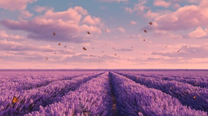 Lavender field with butterflies under a cloudy sky landscape at sunset