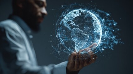 Man holding a glowing digital earth concept representing global technology