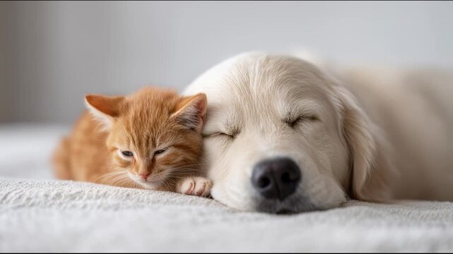 Adorable close up of a small red kitten snuggling and sleeping soundly next to a cute golden retriever puppy on a bed, showcasing their tender friendship and the serene comfort of pets together