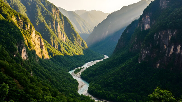 Dramatic mountain gorge with silver river flowing through lush forest under warm sunlight