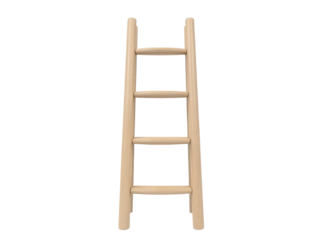 A simple wooden ladder leans against a pure white surface, ready for use
