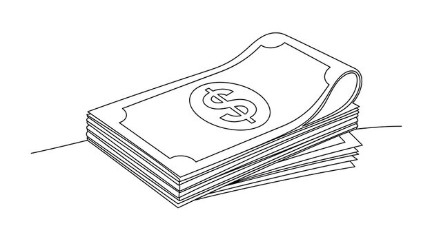 One line drawing of stack of money or cash bills with dollar sign
