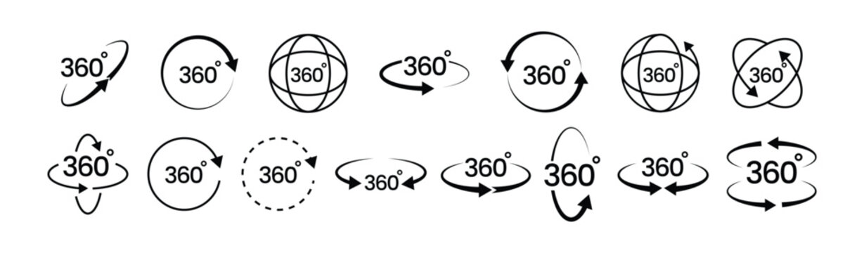 360 degrees vector icon set. Round signs with arrows rotation to 360 degrees. 360 degree complete angle or a full angle. 360 degrees logo, label, badge, symbol, banner, circle, black, line, isolated. 