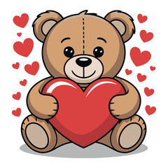 Cute brown teddy bear illustration holding a large red heart for a t-shirt design template and Valentine fashion apparel wear concept.