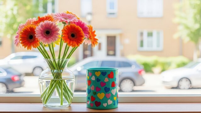 Beautiful gerbera flowers in vase on window sill