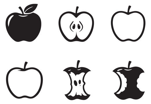 Minimalist black and white apple set featuring whole apples, sliced apples, and apple cores for fruit and healthy eating concepts