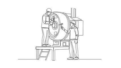One line drawing of two engineers or mechanics in hard hats inspecting or repairing large industrial machinery or a turbine