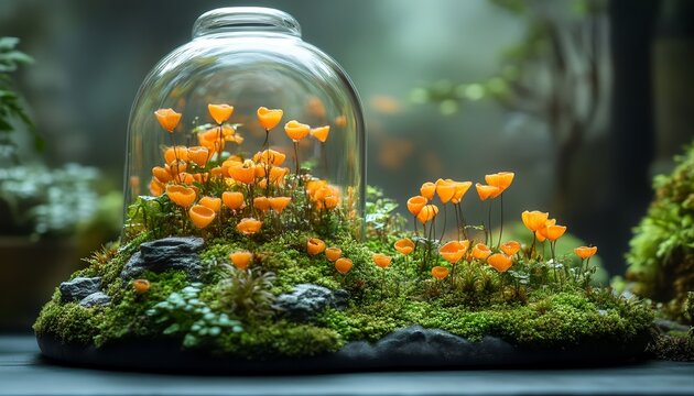 Ultra-Realistic 3D Macro of Moss and Lichen Landscape under Glass Cloche