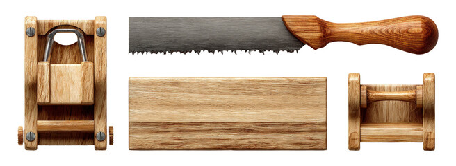 Realistic Wooden Hand Tools for Woodworking Projects Displayed on a Clean Surface