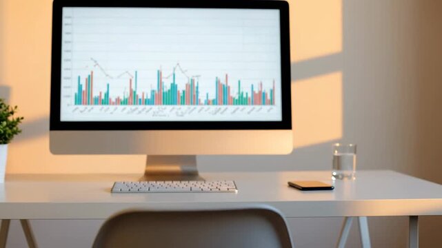 Modern workspace setup featuring a computer displaying a colorful data chart on a clean white desk.