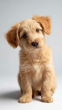 Adorable fluffy golden puppy sitting and curiously tilting its head from side to side, looking directly at the camera with an inquisitive expression, isolated on a clean white background