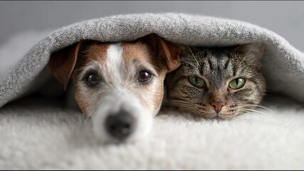 Cute dog and cat friends snuggling together in a cozy bed under a warm gray blanket, showing their affectionate bond and friendship while relaxing and staying warm during cold winter weather
