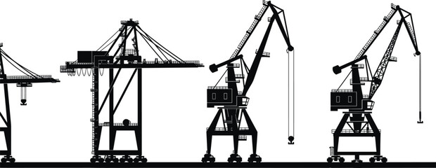 Harbor cranes silhouettes, black illustration showing cargo handling, port operations, shipping logistics, heavy machinery, and industrial dockyard equipment on white background © MD SAKIL