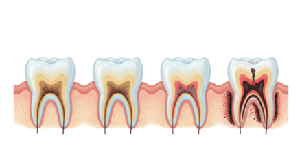precise vector sequence of four horizontal sagittal cross-sections illustrating dental caries progression (stages 1-4) in a human molar tooth on a clinical white background. concept of anatomical