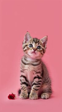 Single kitten with rose on pink background. Valentine's Day holiday concept