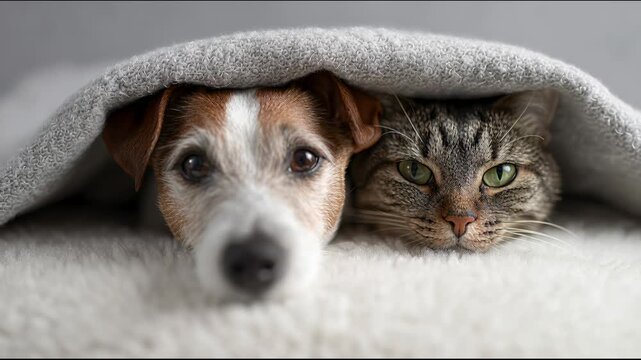 Cute dog and cat friends snuggling together in a cozy bed under a warm gray blanket, showing their affectionate bond and friendship while relaxing and staying warm during cold winter weather